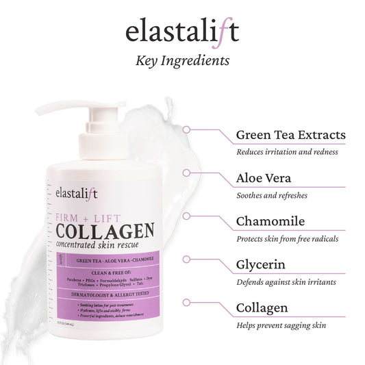 Elastalift fragrance-free collagen cream application demonstrates quick-absorbing hydration for daily use.