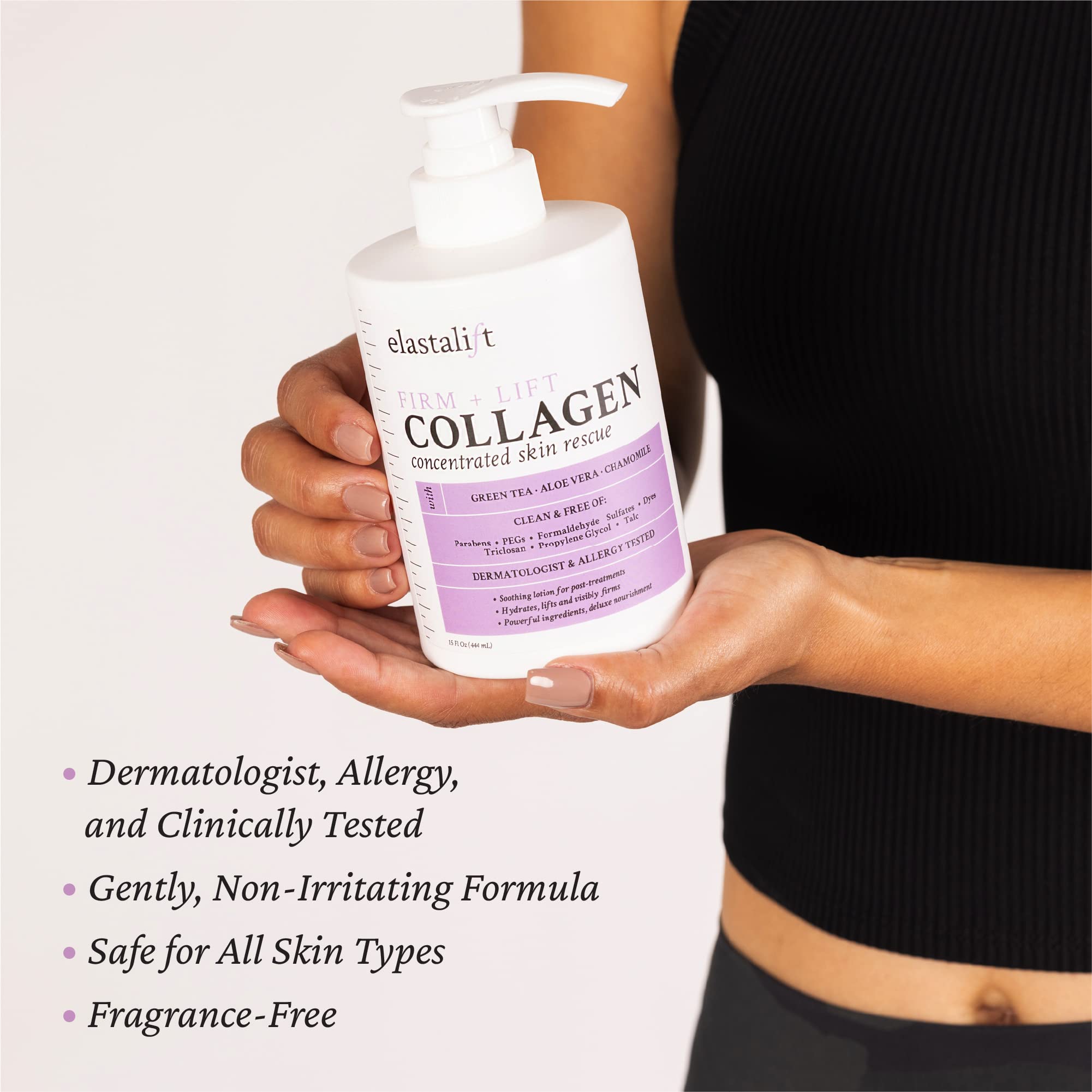 Elastalift fragrance-free collagen cream packaging communicates fragrance-free, dermatologist-tested quality.