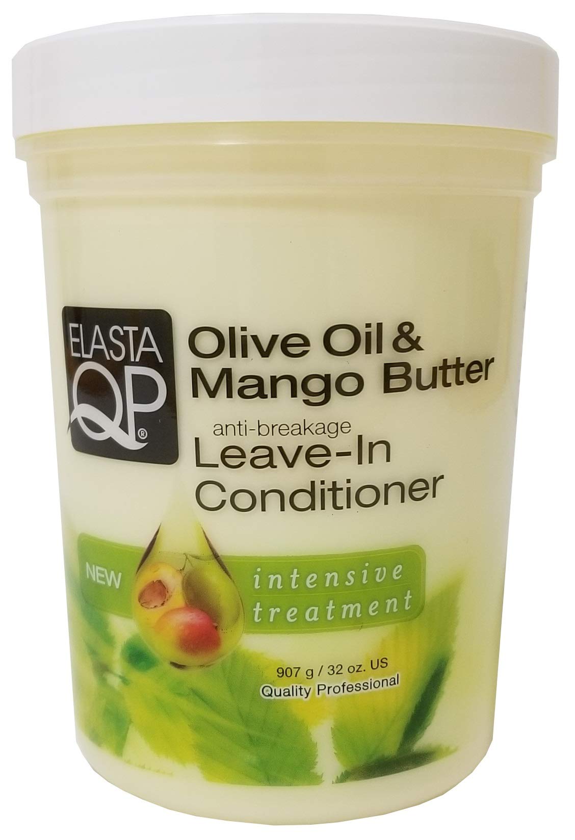 ElastaQP Olive & Mango Leave-In Conditioner bottle showing nourishing oils for smooth, manageable hair