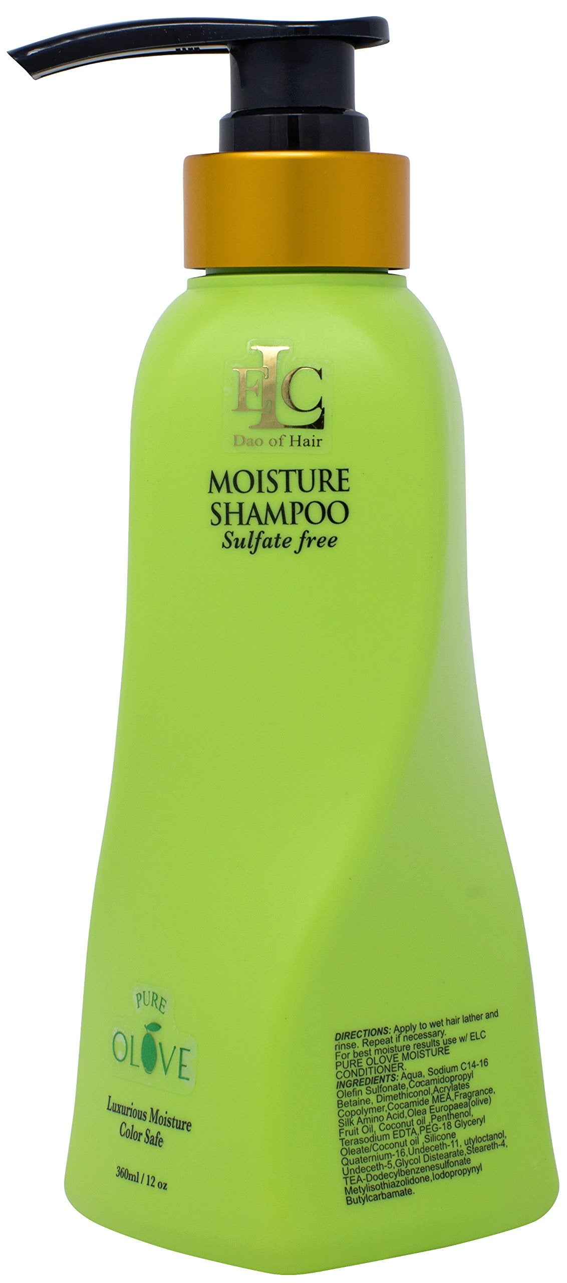 ELC Dao of Hair Pure Olove Shampoo bottle pour demonstrates easy application for moisturizing hair