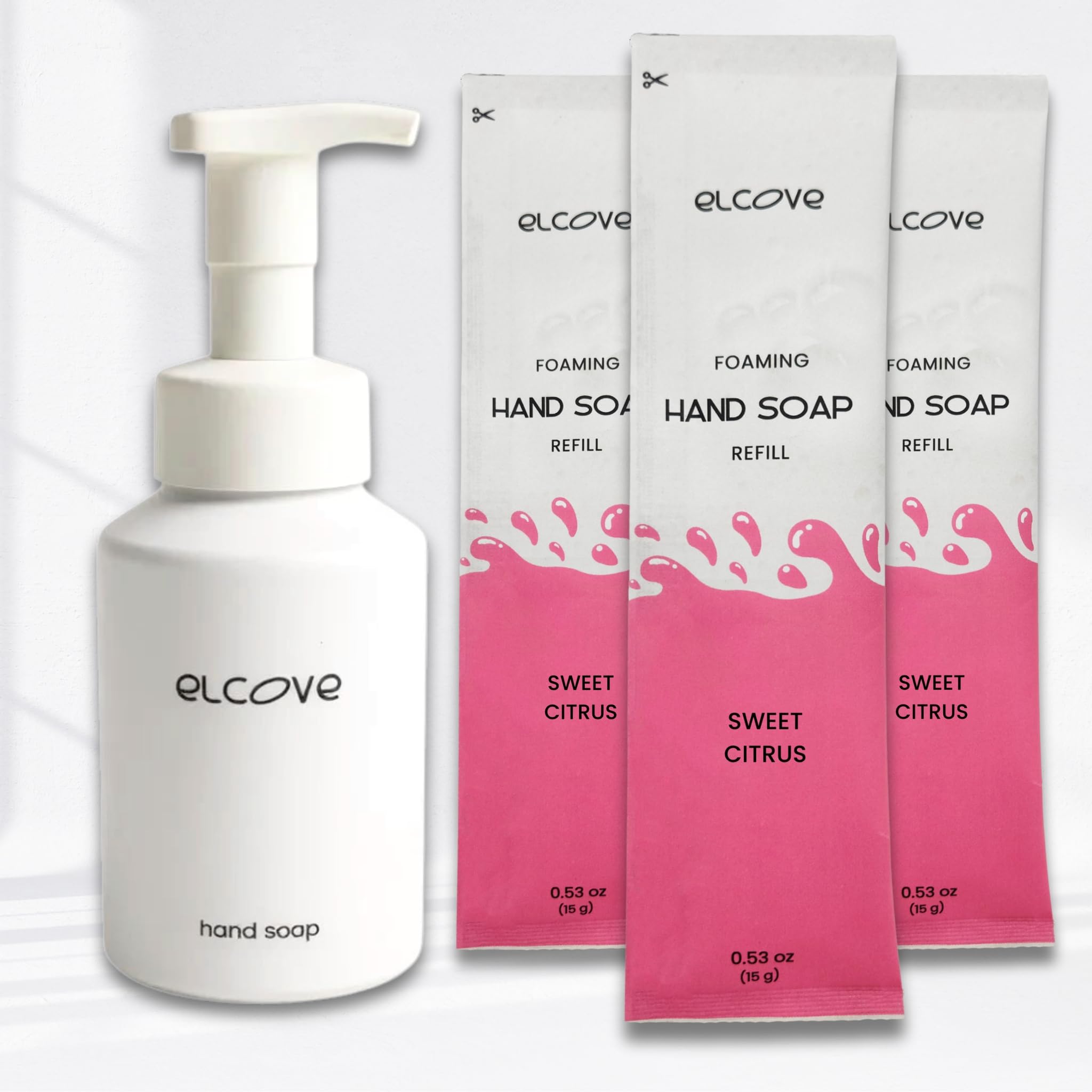 Elcove starter set with reusable bottle for eco-friendly handwashing.