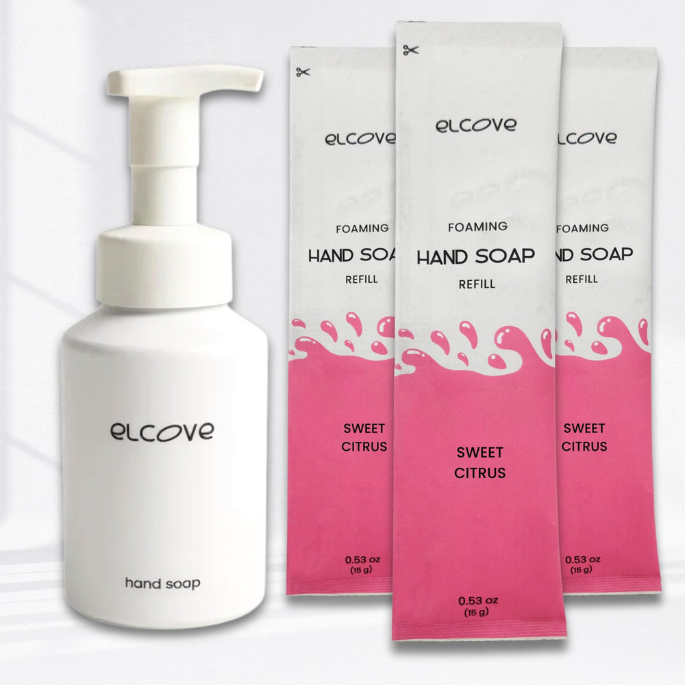Elcove starter set with reusable bottle for eco-friendly handwashing.