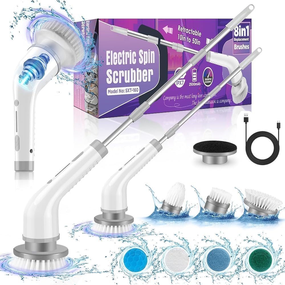 Electric Spin Scrubber front view showing ergonomic grip for extended use