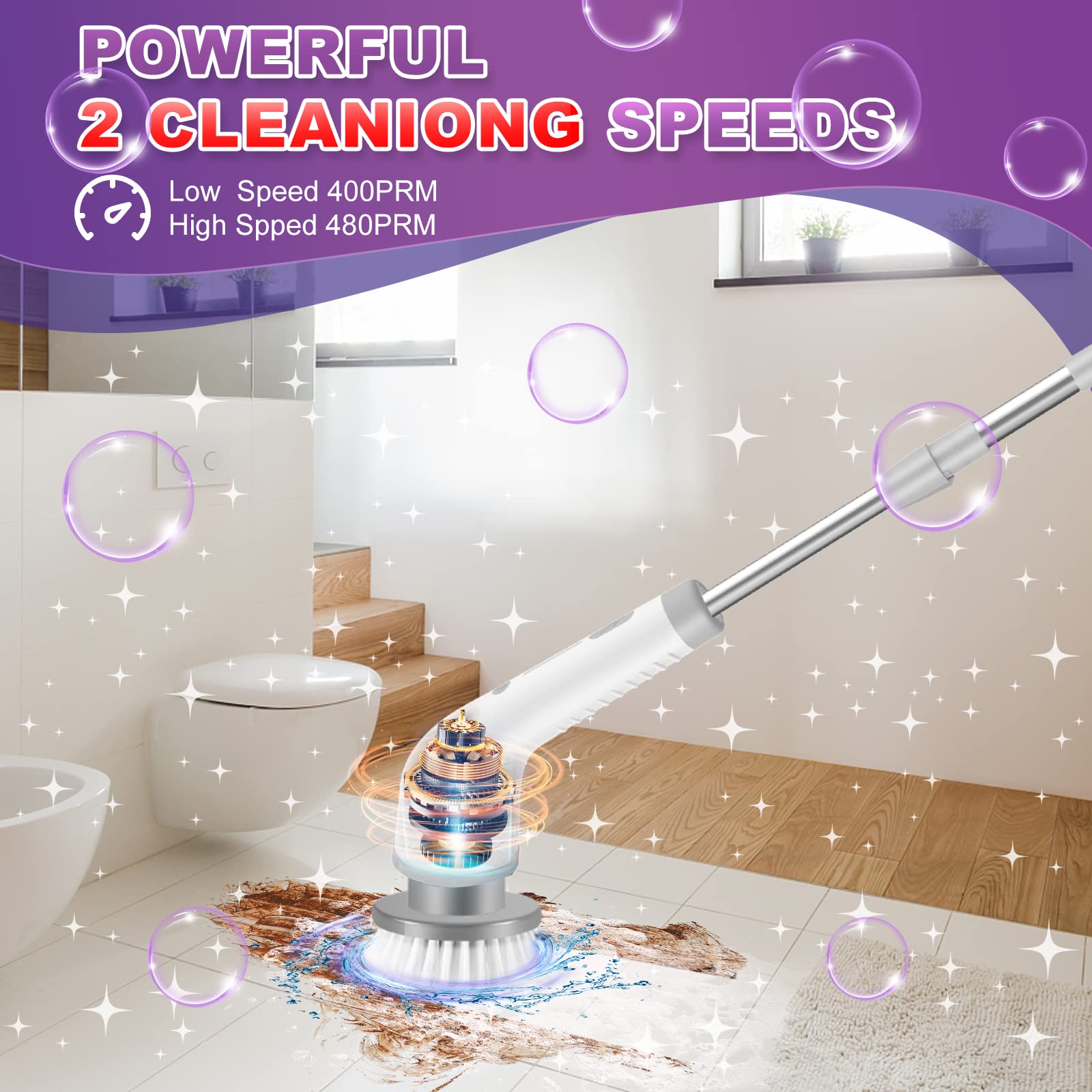 Electric Spin Scrubber two speeds control illustrating versatile cleaning power