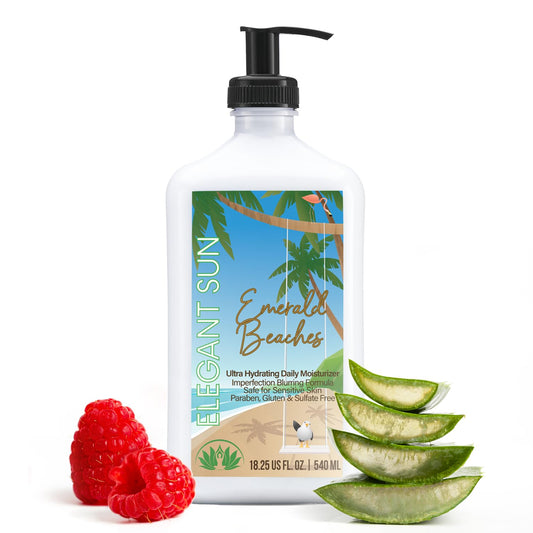 Elegant Sun Emerald Beaches bottle front showing a hydrating daily moisturizer for sun-kissed skin.