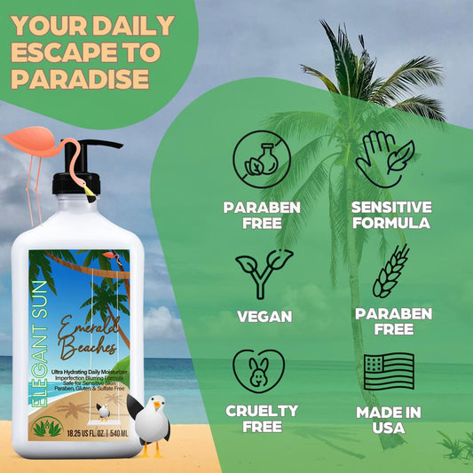Elegant Sun Emerald Beaches bottle side highlights hypoallergenic vegan formula for sensitive skin.