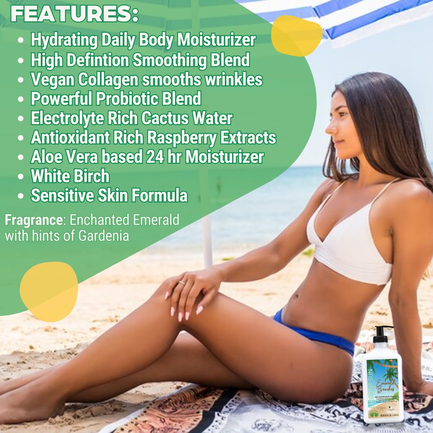 Elegant Sun Emerald Beaches cream texture close-up emphasizes aloe-based soothing hydration.
