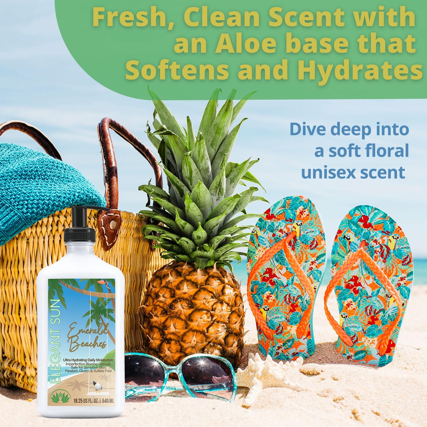 Elegant Sun Emerald Beaches pump dispense demonstrates easy, mess-free application.