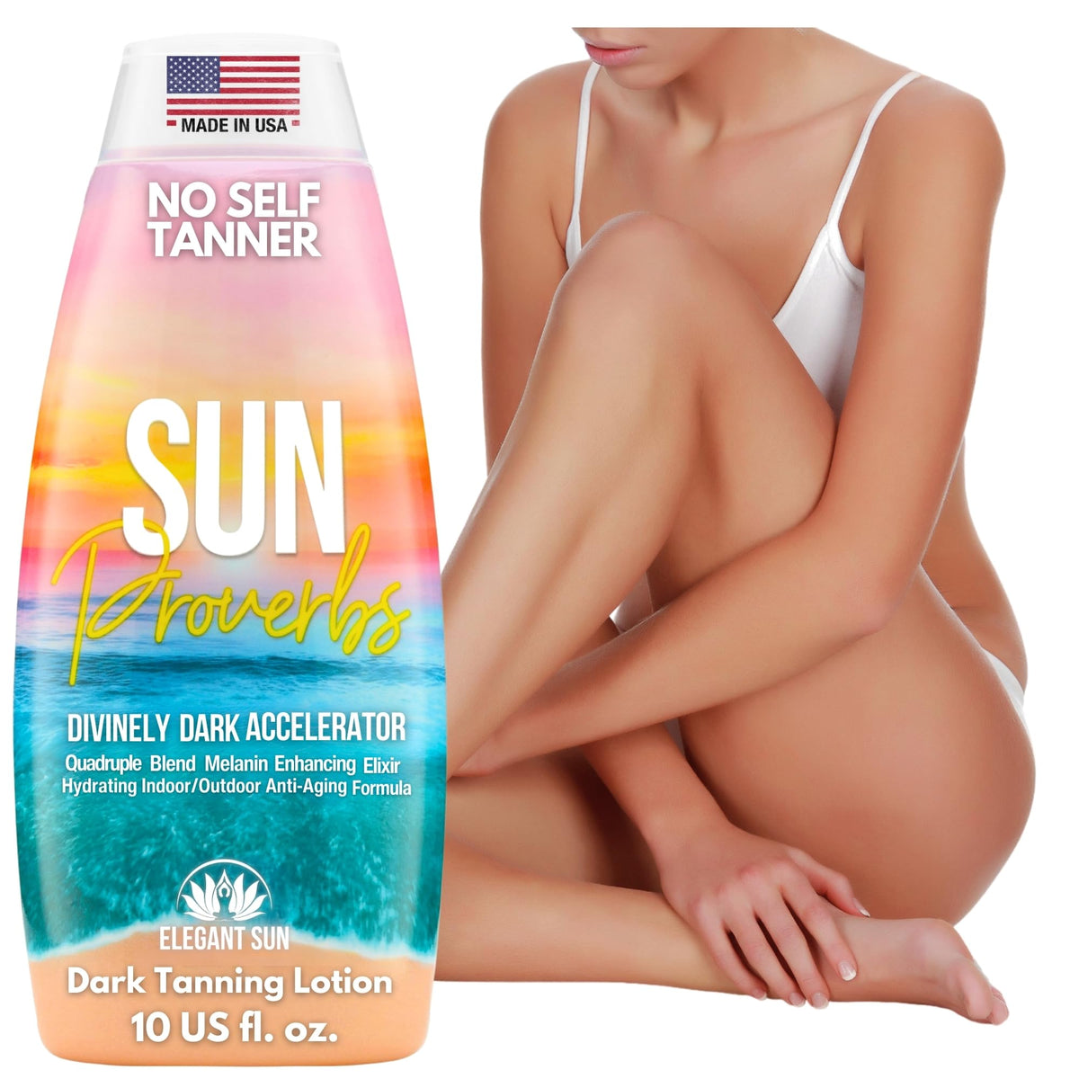 Elegant Sun Sun Proverbs bottle front showing bronzer-free natural glow