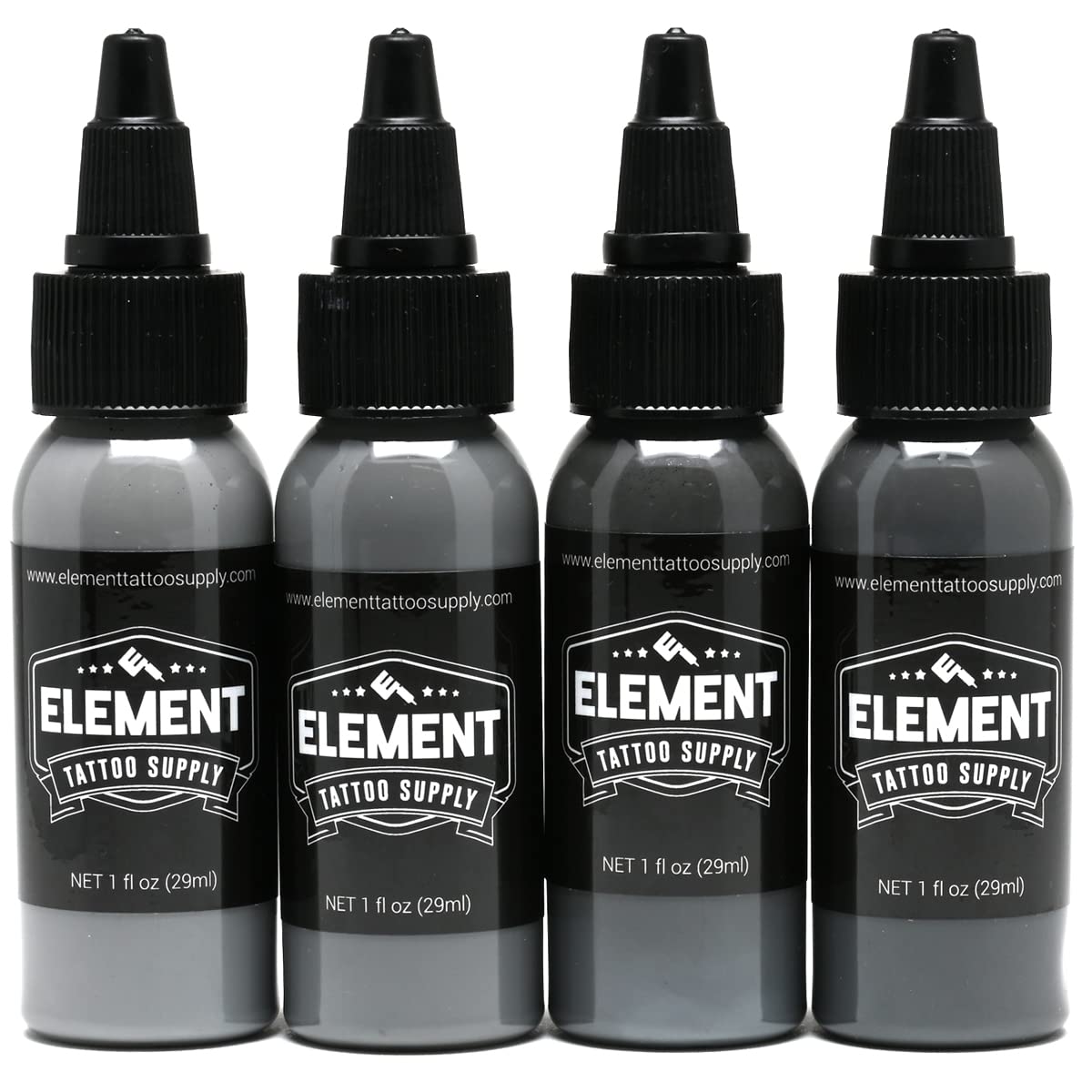 Element Tattoo Supply Battleship Gray ink set bottles for shading, blending, and consistency.