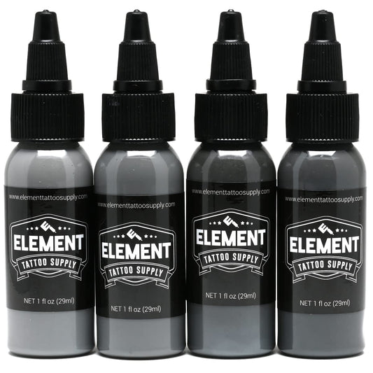 Element Tattoo Supply Battleship Gray ink set bottles for shading, blending, and consistency.