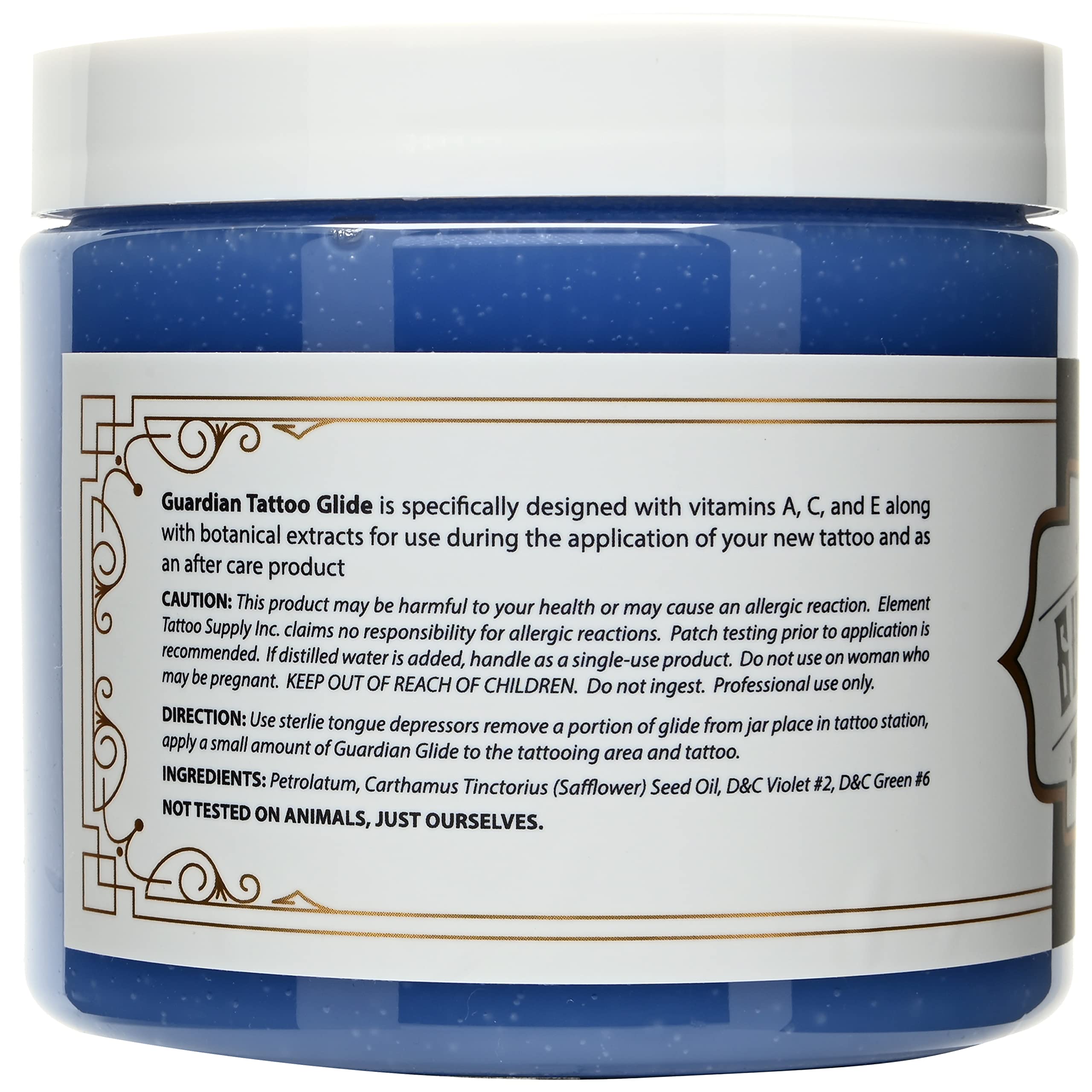 Element Tattoo Supply Guardian Tattoo Glide Gel jar label signals professional-grade care for tattooing