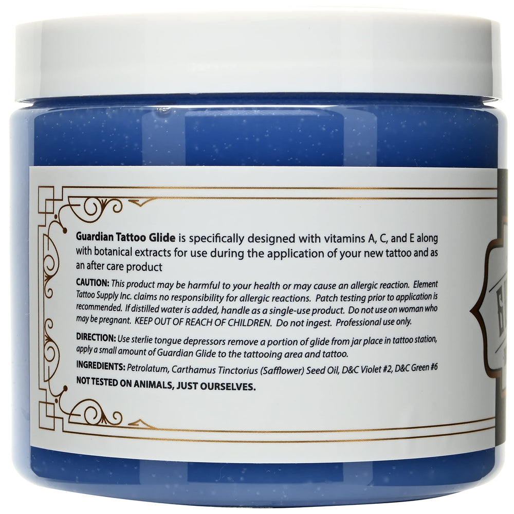 Element Tattoo Supply Guardian Tattoo Glide Gel jar label signals professional-grade care for tattooing