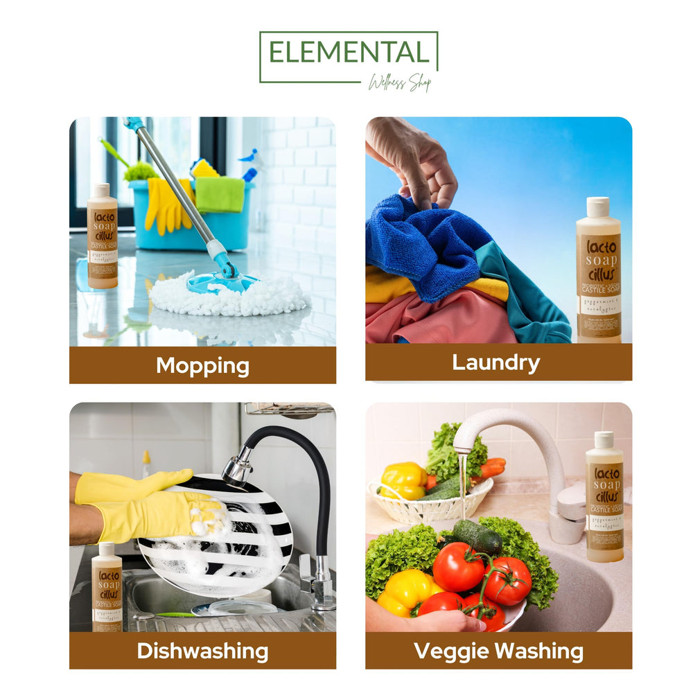 Elemental Wellness Castile Soap Liquid creates a lush lather on skin for daily cleansing
