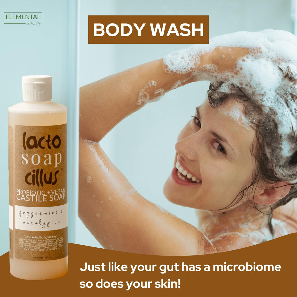 Elemental Wellness Castile Soap Liquid being poured for a refreshing, creamy lather on skin