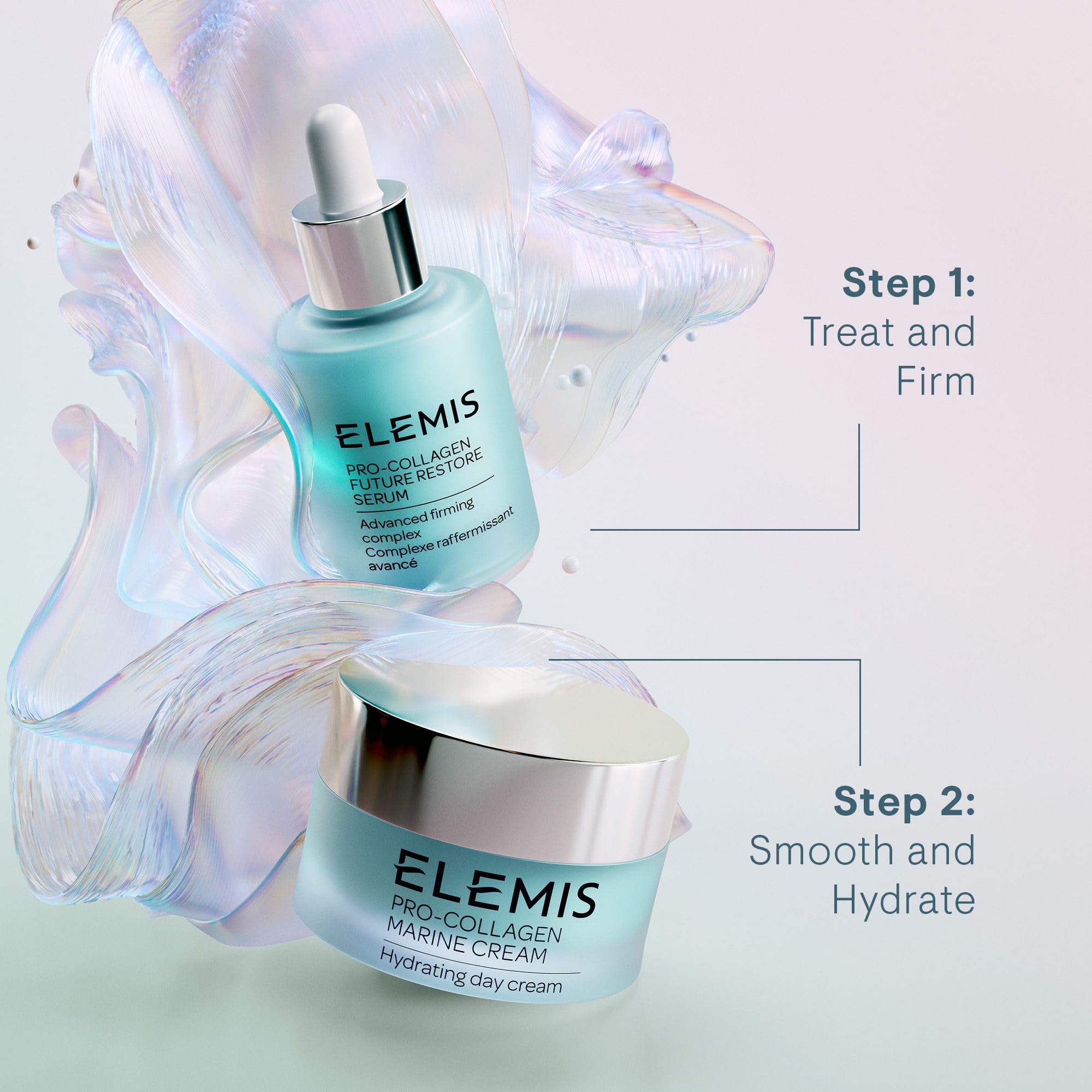 Elemis Pro-Collagen Future Restore Serum close-up with glow.