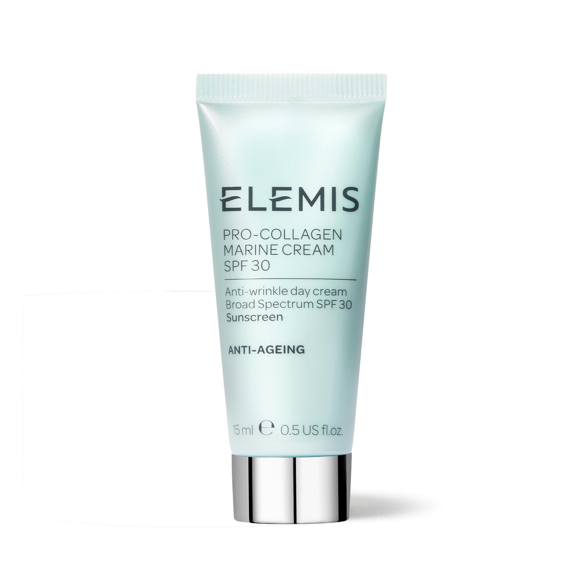 Elemis Pro-Collagen Marine Cream SPF 30 jar on bathroom shelf provides daily hydration.