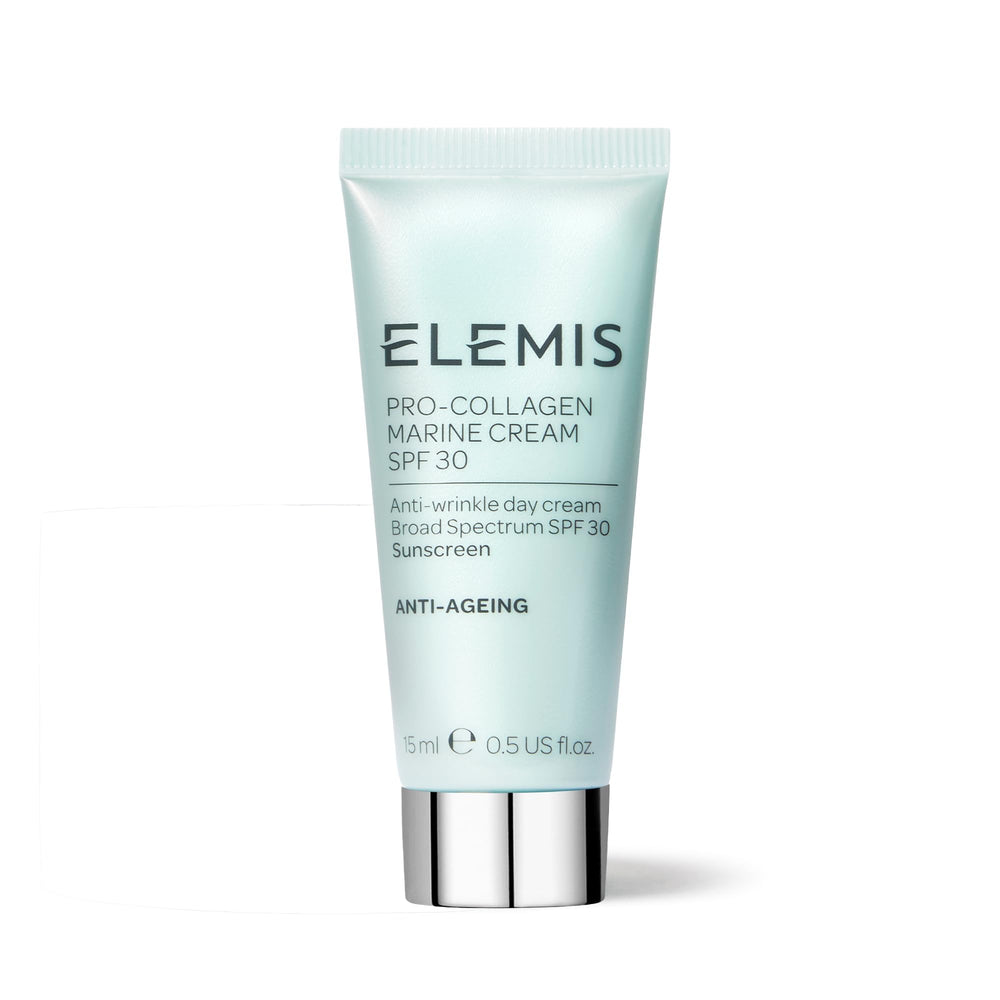 Elemis Pro-Collagen Marine Cream SPF 30 jar on bathroom shelf provides daily hydration.