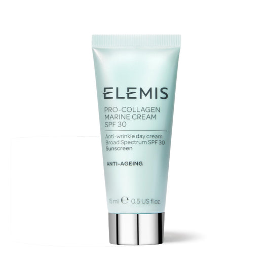 Elemis Pro-Collagen Marine Cream SPF 30 jar on bathroom shelf provides daily hydration.