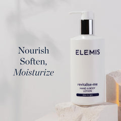 Elemis Revitalise-Me hand-body lotion creamy-texture close-up highlighting rich hydration.