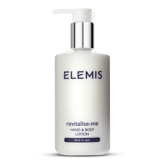 Elemis Revitalise-Me hand-body lotion packshot showing a glossy bottle for silky skin.