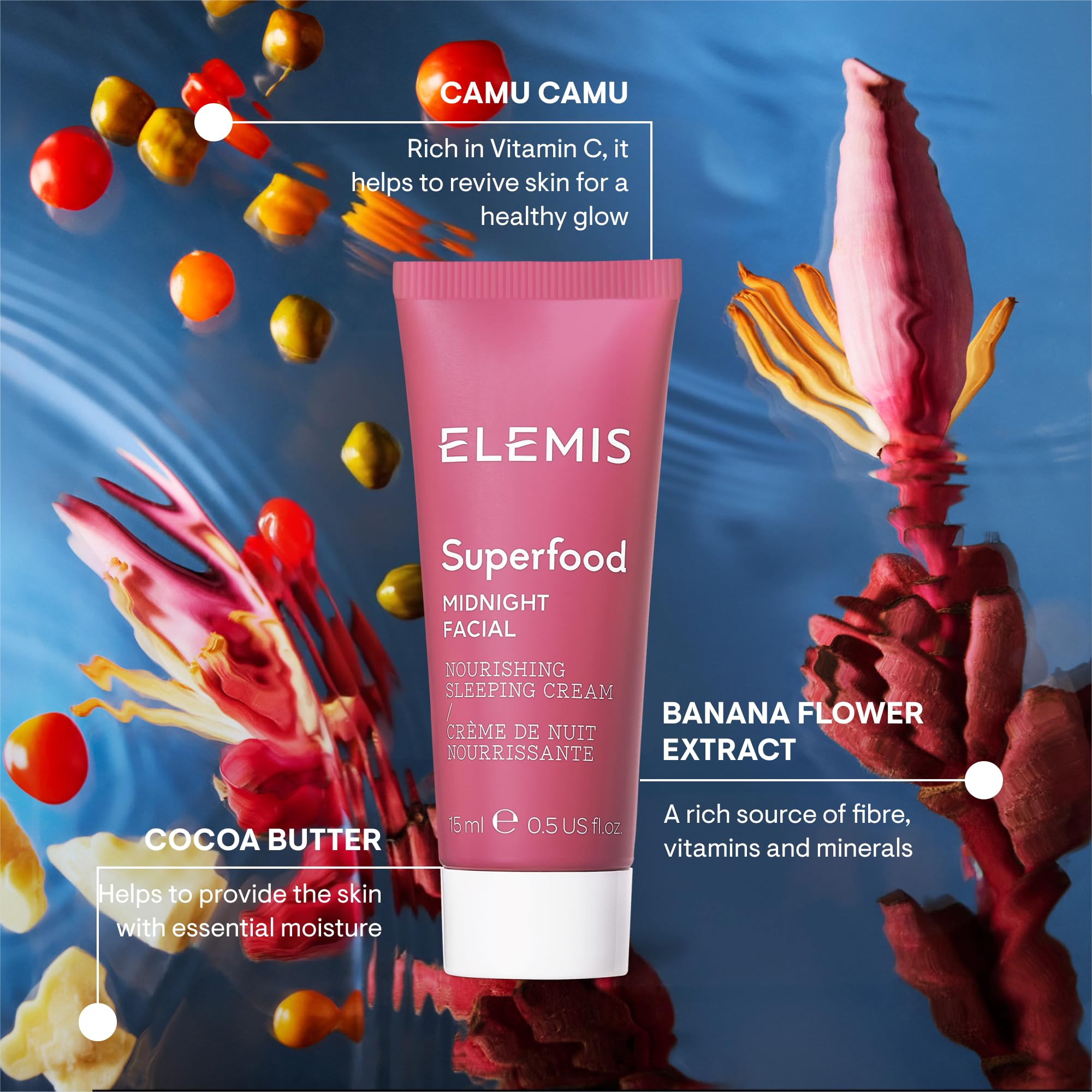 Elemis Midnight Facial camu camu ingredient highlights vitamin C-rich formula