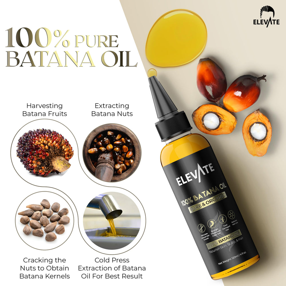 Elevate Batana Oil nourishes and protects damaged hair fibers.