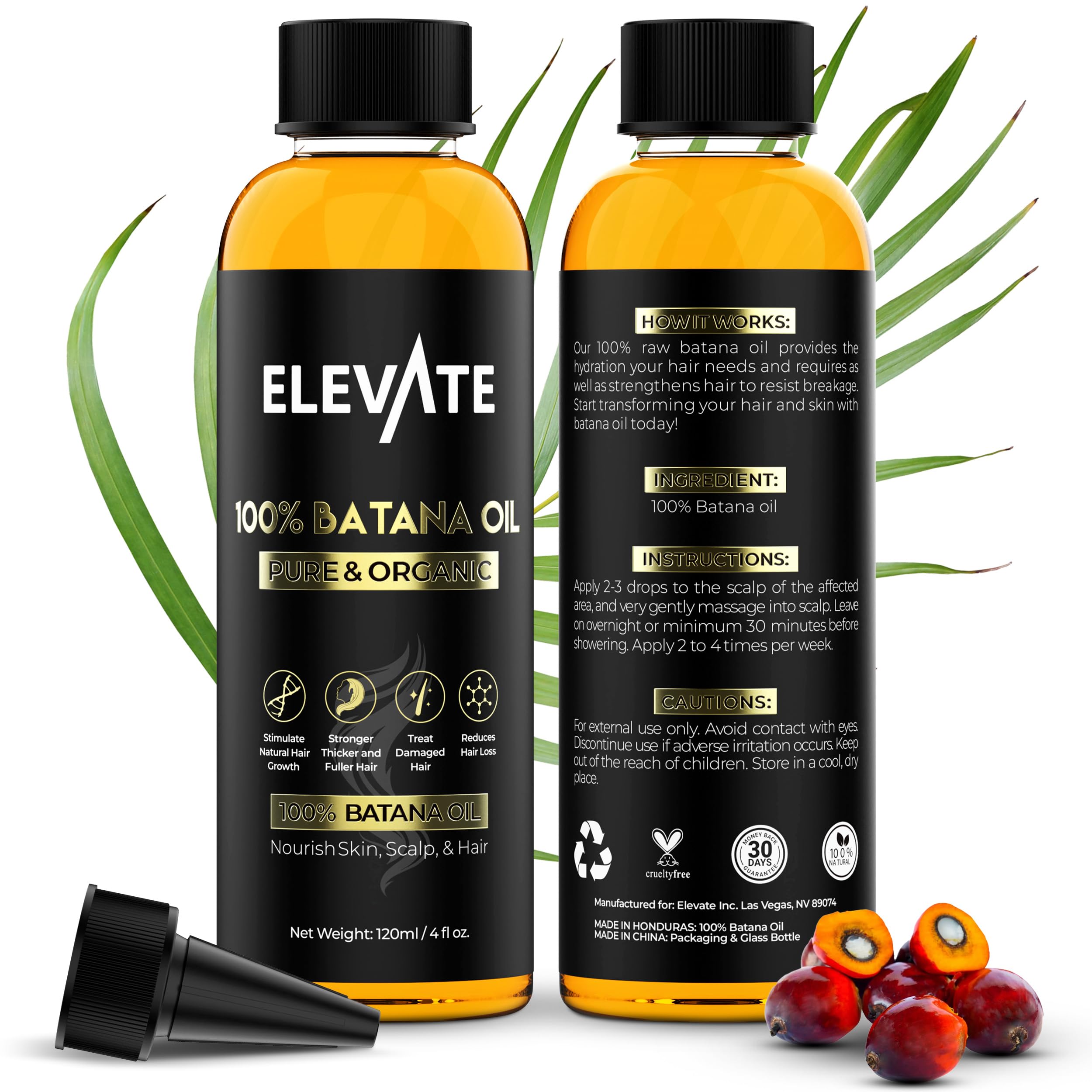Elevate Batana Oil bottle promotes hair growth and nourished roots.
