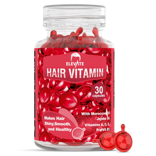 Elevate Hair Treatment Serum Capsules bottle close-up highlighting argan and jojoba oils for conditioning