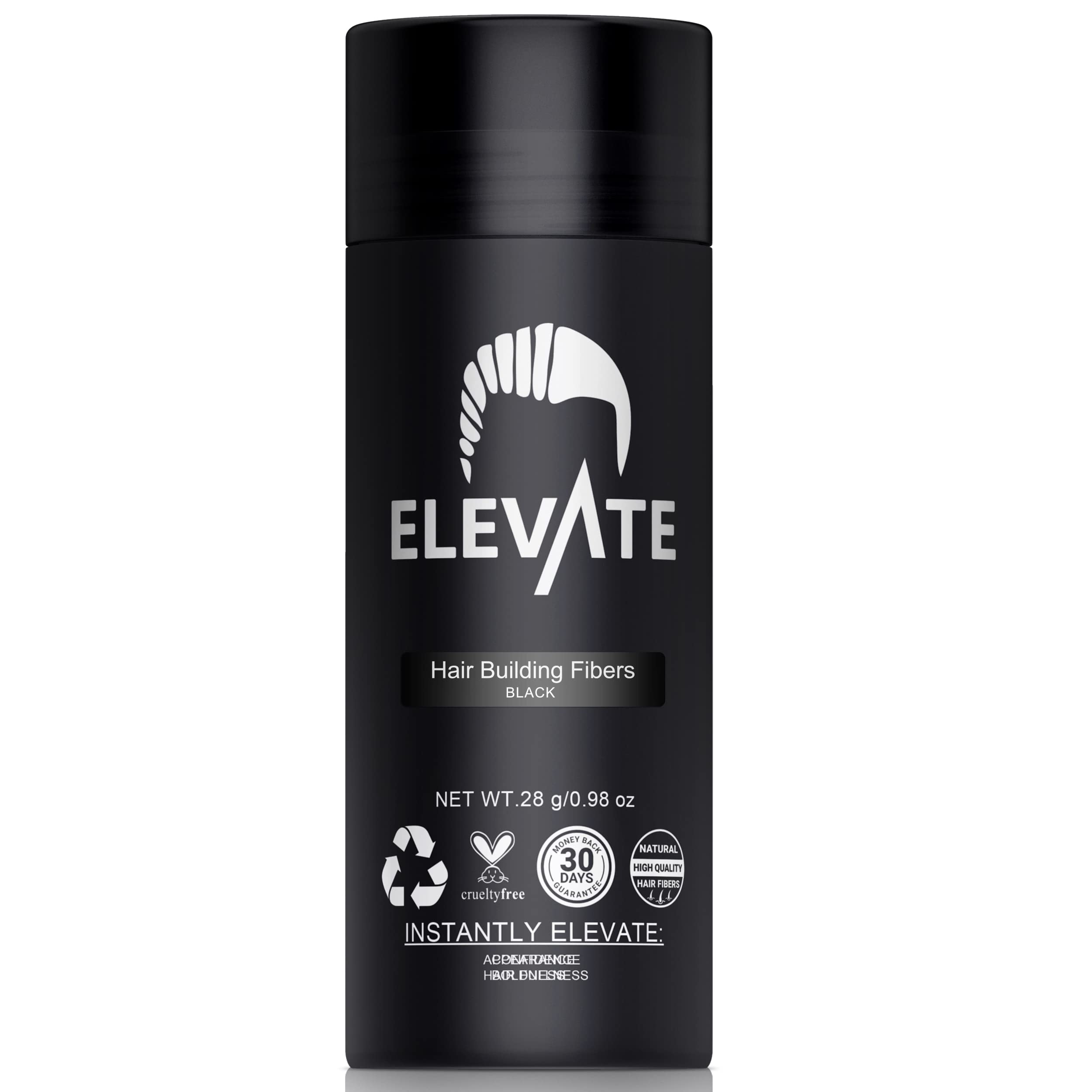 Elevate Hair Fibers black bottle enables instant thickening for a fuller crown.