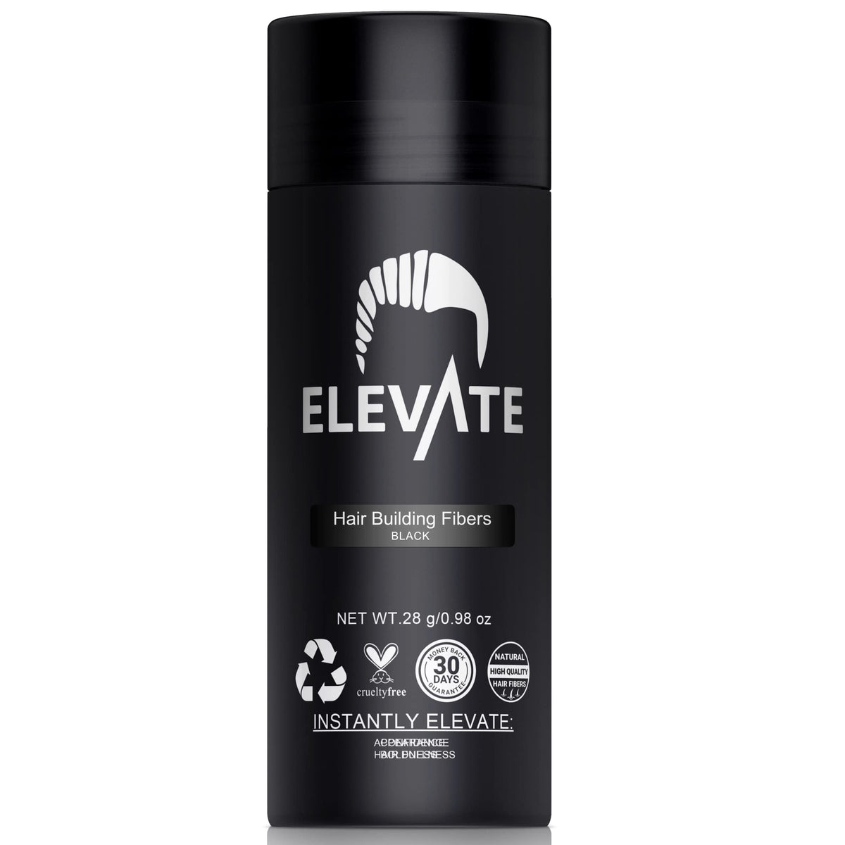 Elevate Hair Fibers black bottle enables instant thickening for a fuller crown.