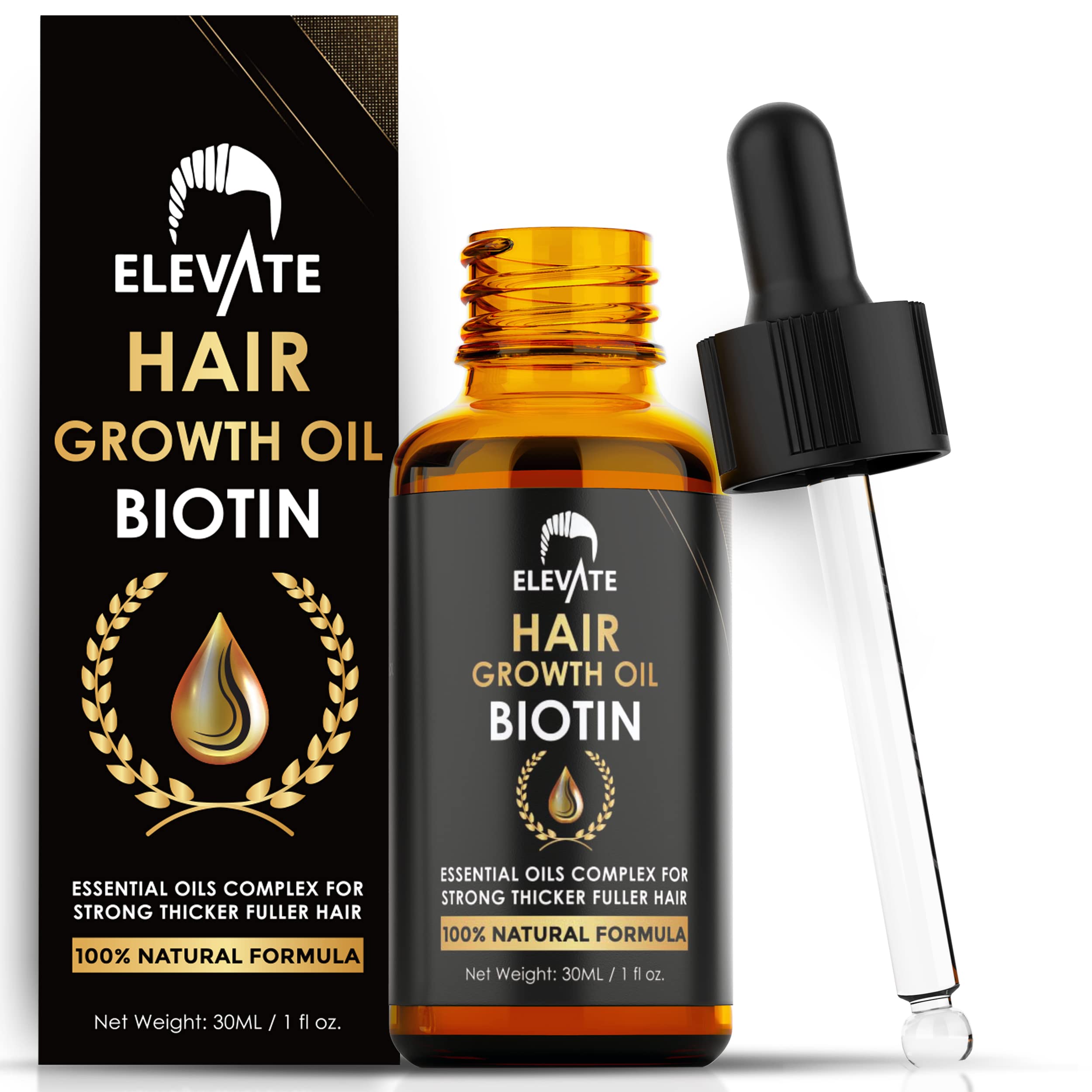 Elevate Hair Growth Oil bottle—promotes healthier, fuller hair with biotin and castor oil.