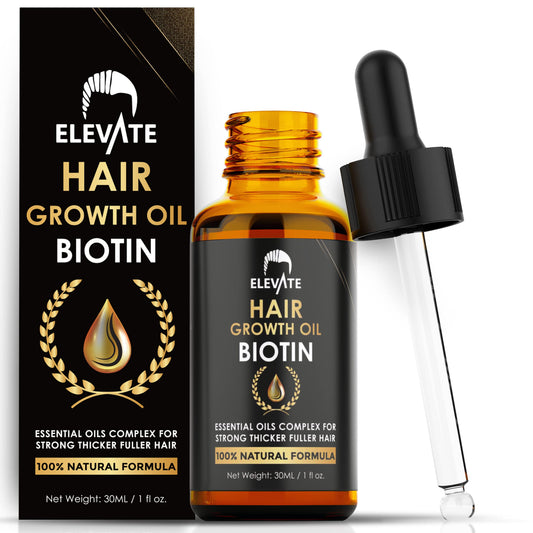 Elevate Hair Growth Oil bottle—promotes healthier, fuller hair with biotin and castor oil.