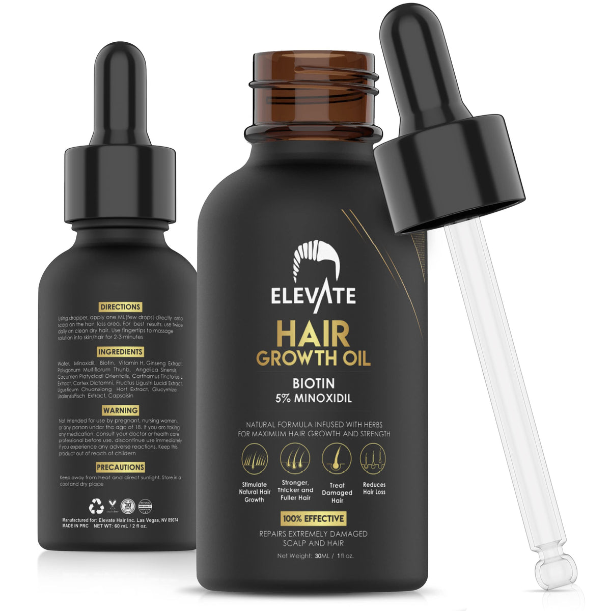 Elevate hair regrowth 5% Minoxidil bottle pour showing precise scalp application