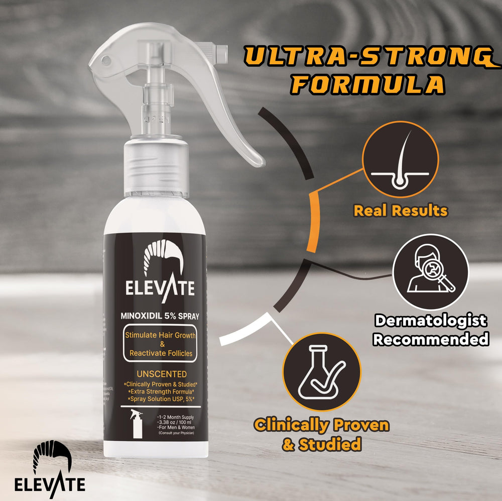 Elevate Minoxidil spray applied to scalp demonstrating targeted application