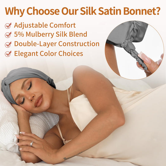 ELIO silk bonnet with 5% Mulberry Silk for breathable moisture and reduced friction.