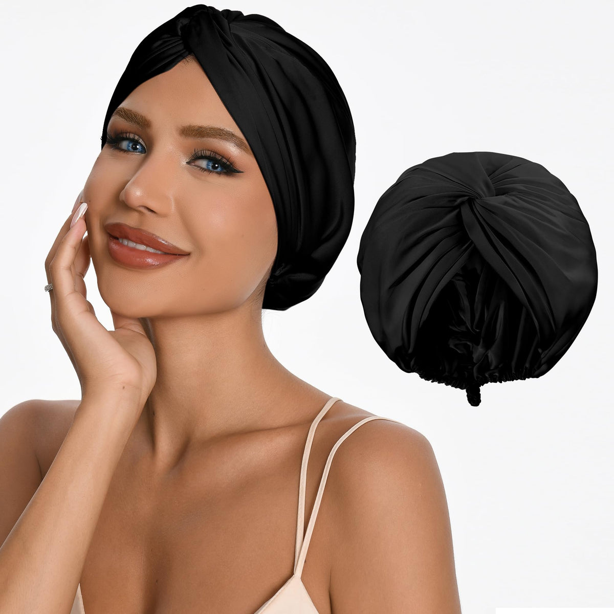 ELIO silk hair bonnet with back-clasp for mark-free overnight wear.