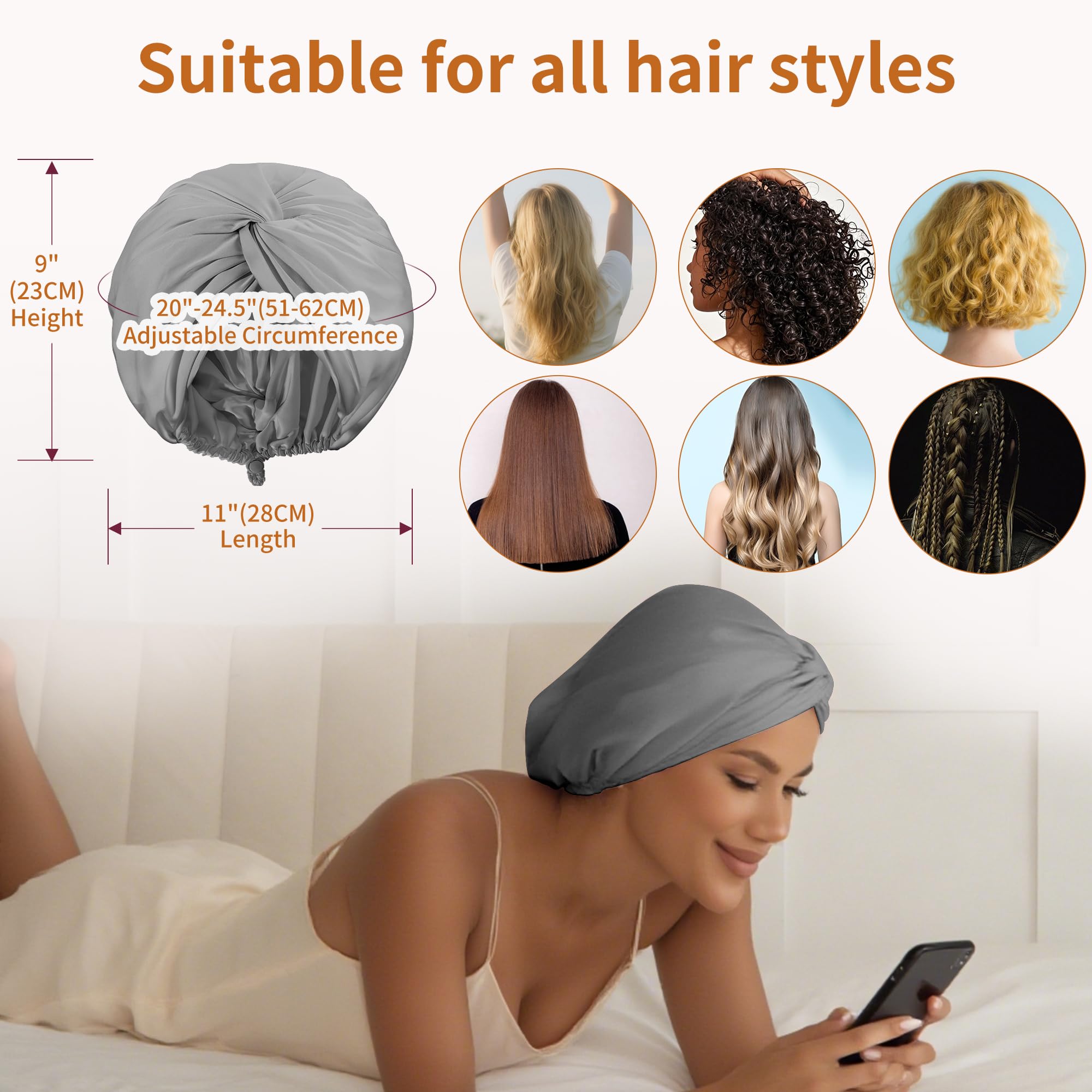 ELIO grey bonnet fits all hair types for night-time care.
