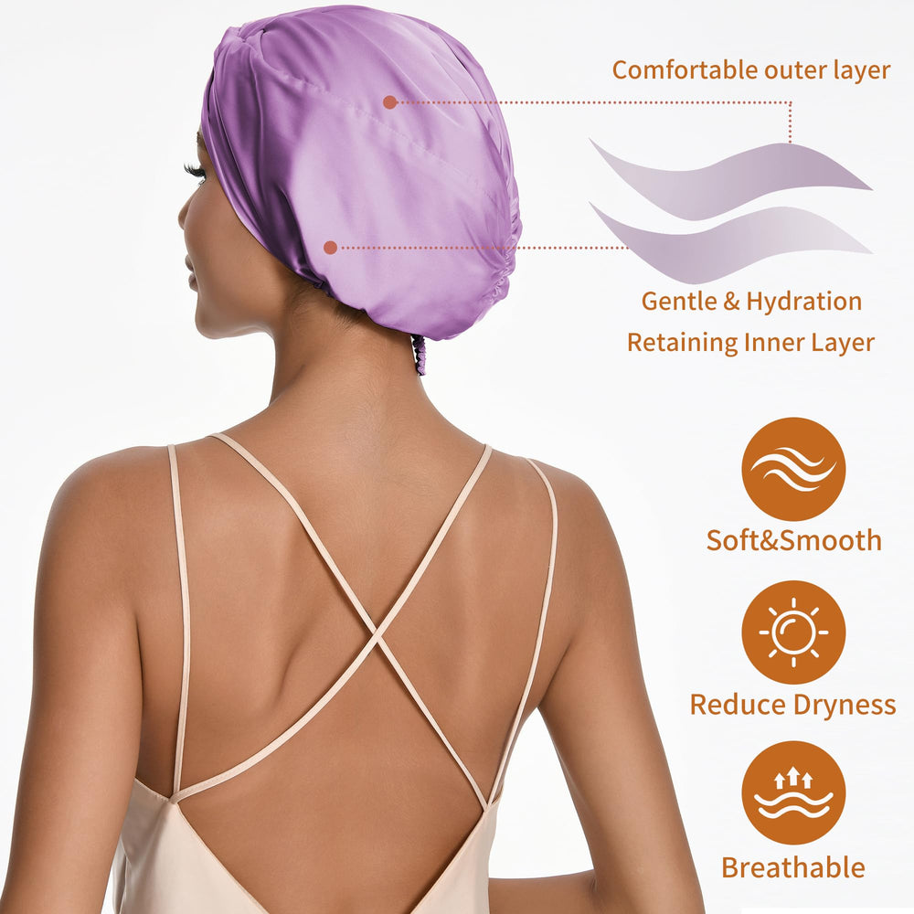 ELIO luxurious night cap adds elegance for bedtime and lounging while protecting hair.