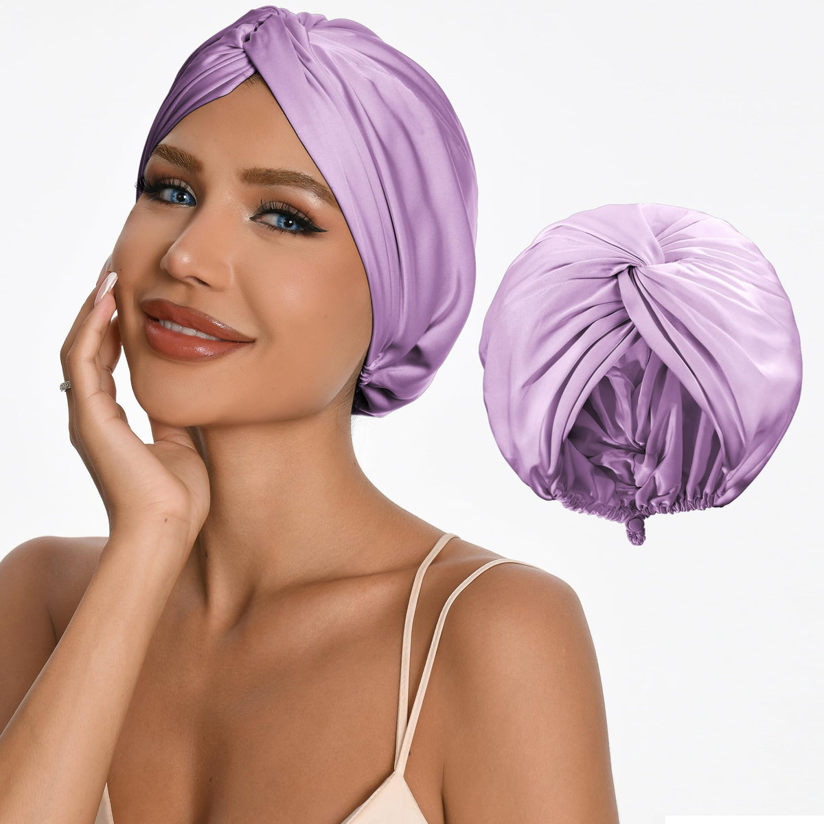 ELIO silk satin hair bonnet with adjustable clasp for a comfortable overnight fit.