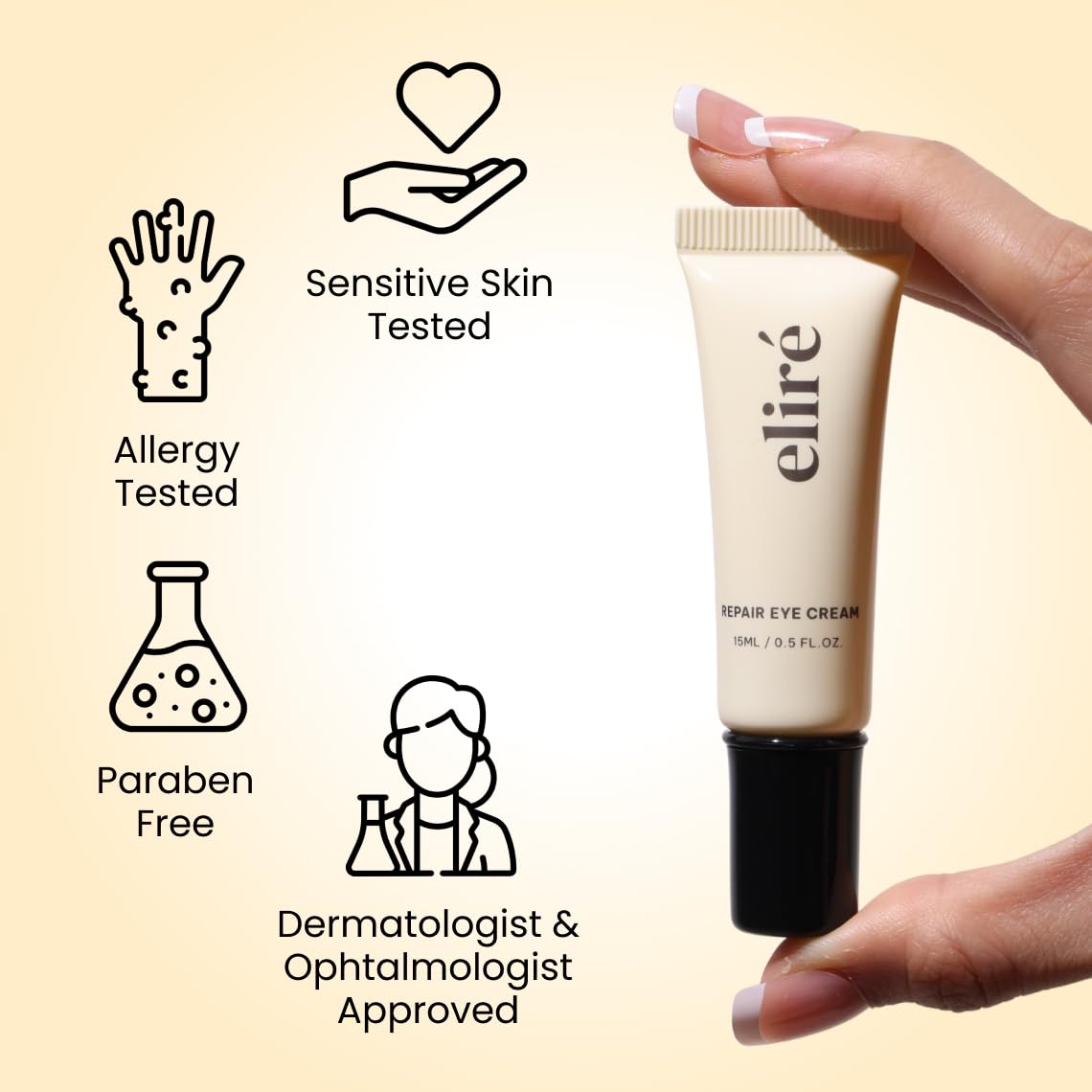 Eliré Korean Repair Eye Cream caffeine effect shown by subtle puffiness reduction.