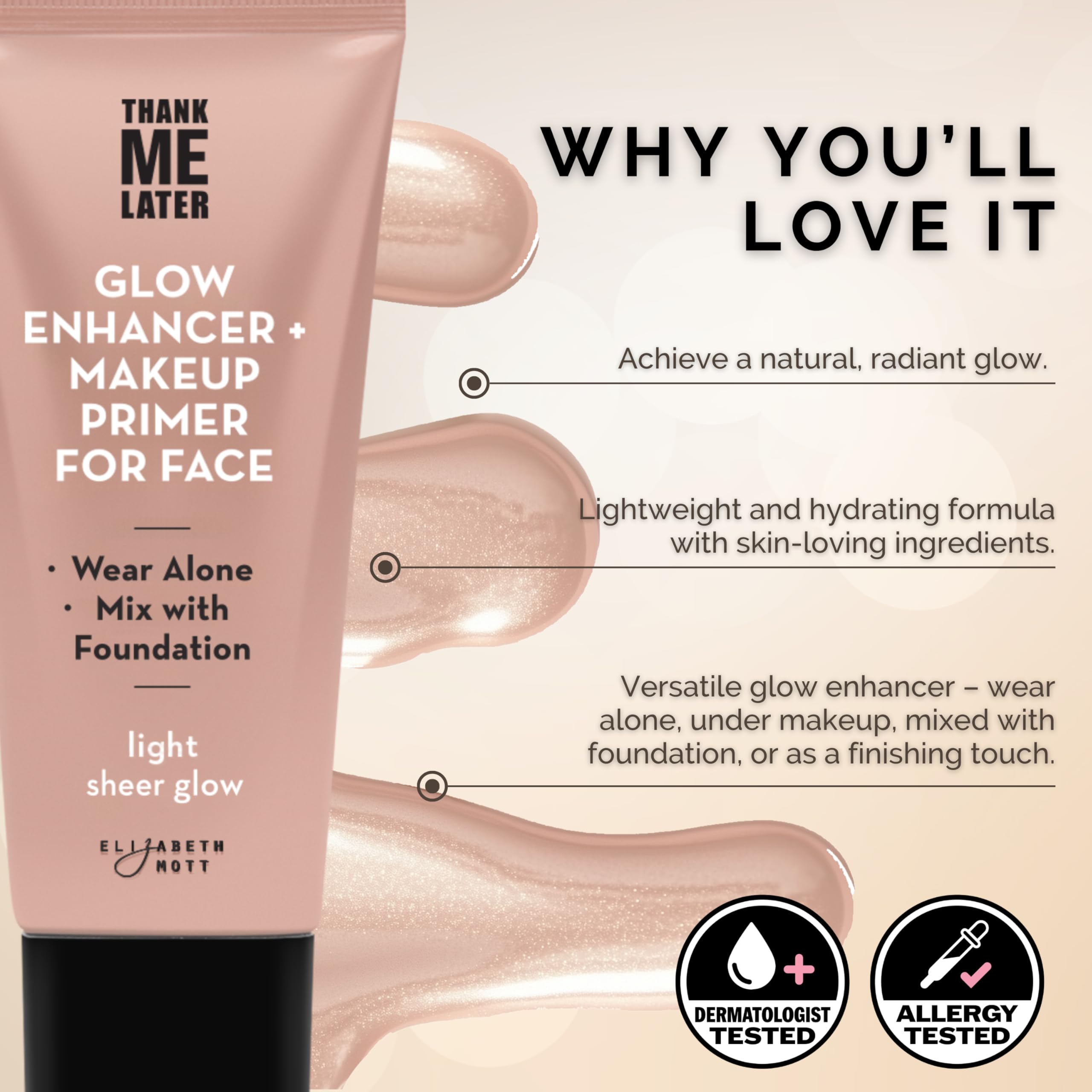 Elizabeth Mott Thank Me Later hydrating formula with hyaluronic acid on skin.