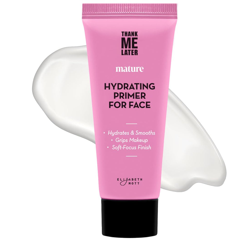 Elizabeth Mott Thank Me Later Hydrating Primer bottle closeup highlighting nourishing formula for dry skin