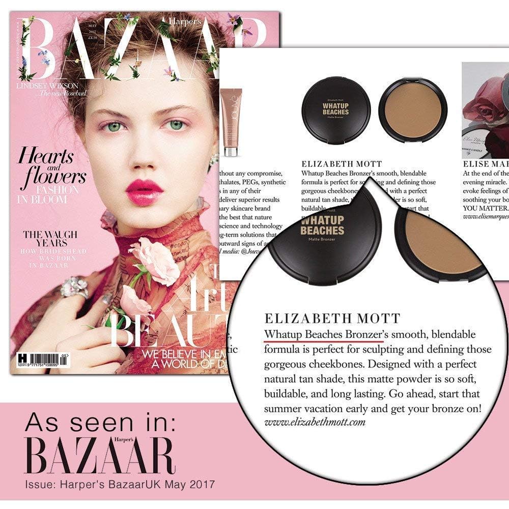 Elizabeth Mott Whatup Beaches Bronzer compact open shows vegan formula and packaging.