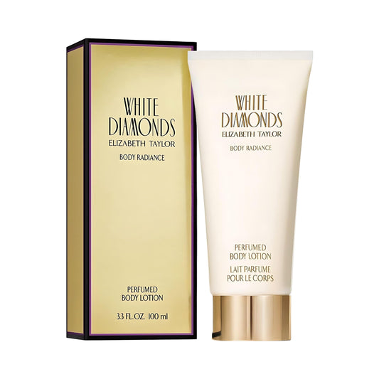Elizabeth Taylor White Diamonds body lotion bottle showing compact hydrating formula for daily use