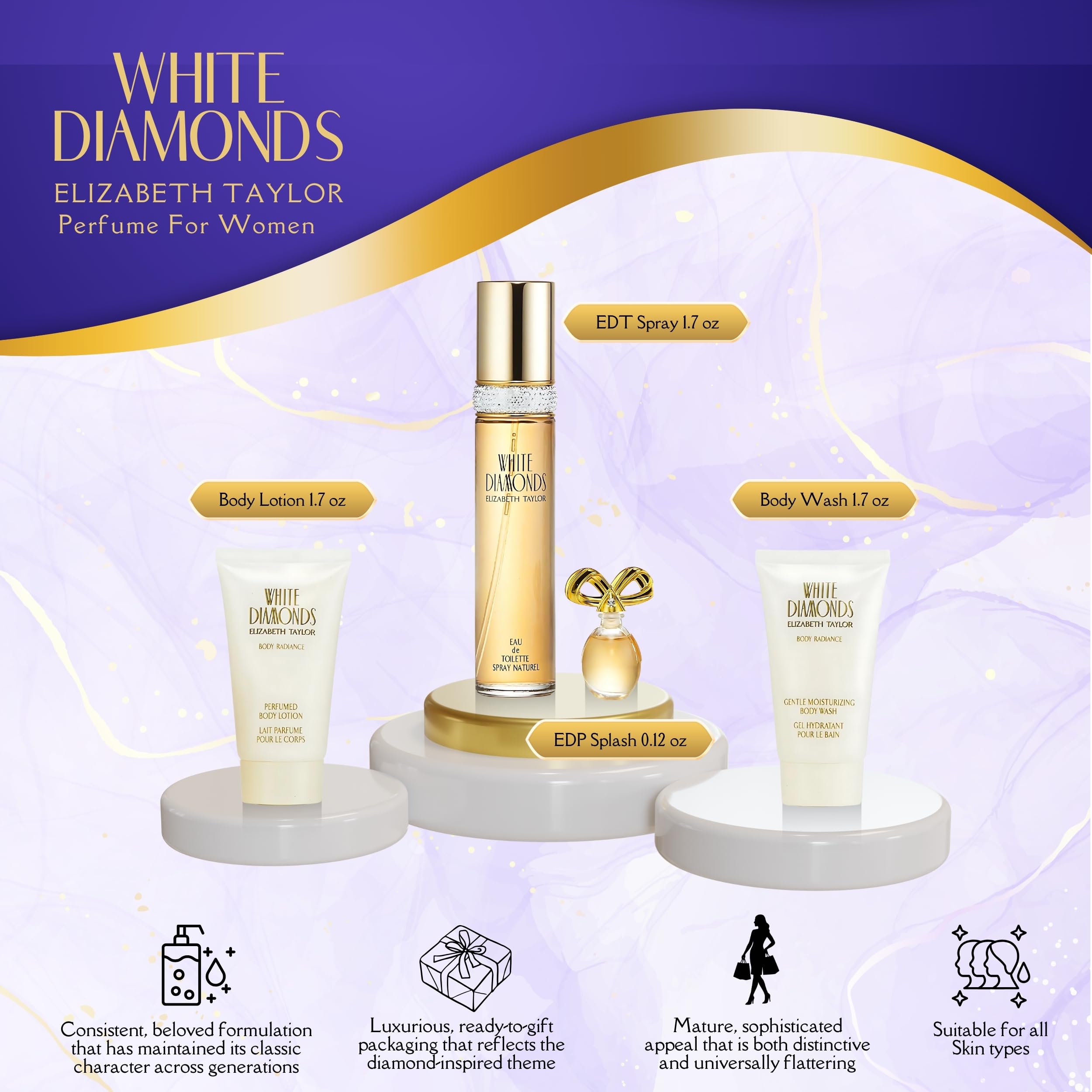 Elizabeth Taylor White Diamonds body lotion delivers luxurious hydration and a subtle floral scent.