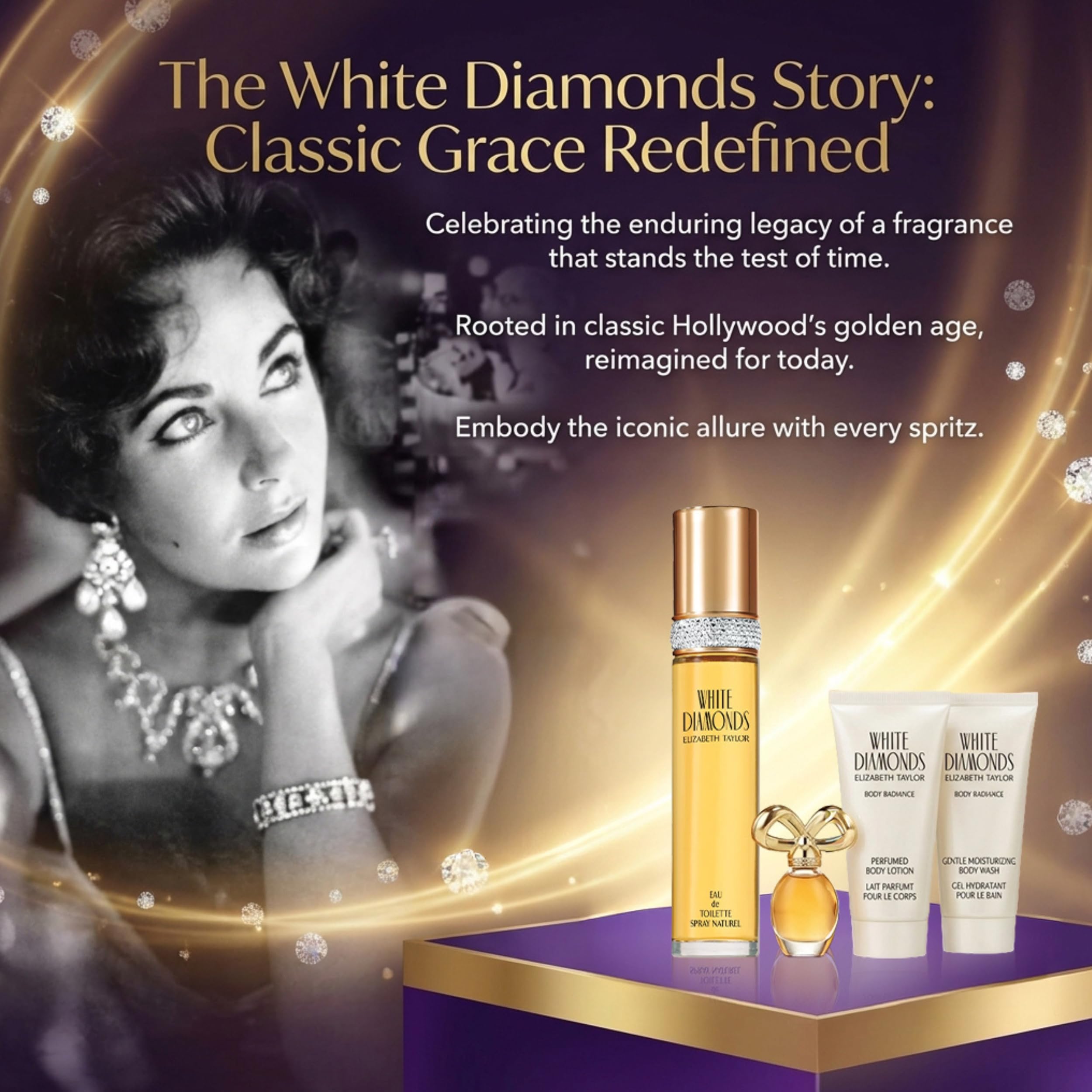 Elizabeth Taylor White Diamonds collection display showcases the four-piece set.