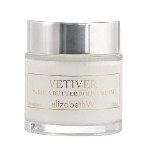 Elizabeth W Vetiver Body Cream jar shows rich hydration for daily skincare.