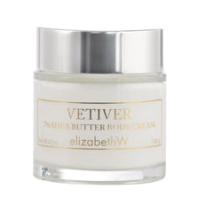 Elizabeth W Vetiver Body Cream jar shows rich hydration for daily skincare.