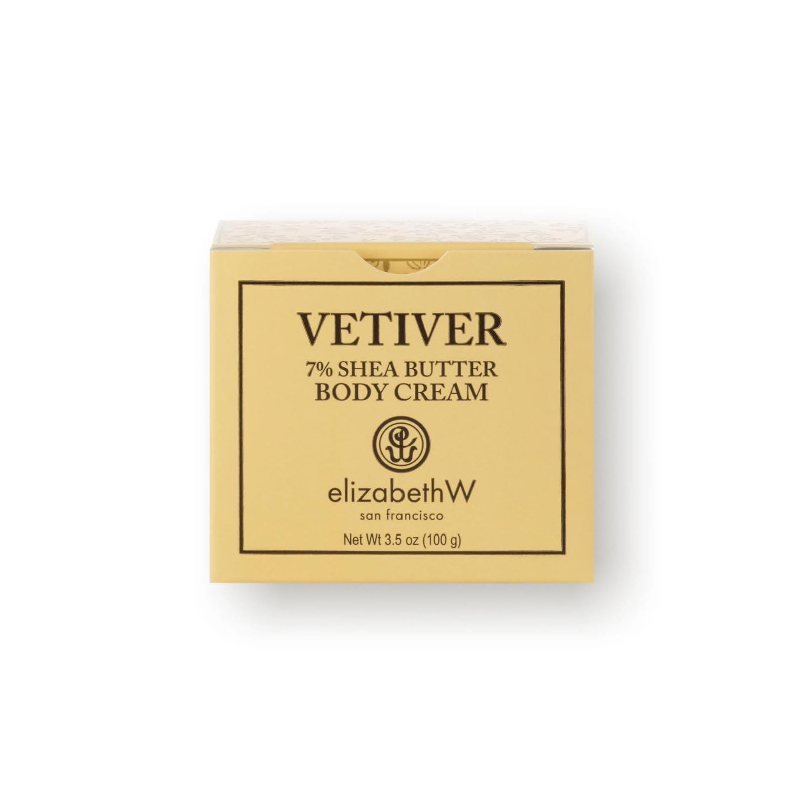 Elizabeth W Vetiver Body Cream label close-up with Vetiver notes for calming moments.